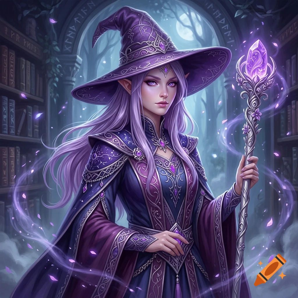 Fantasy digital portrait of an elven mage with lavender hair and purple robes holding a glowing crystal staff.