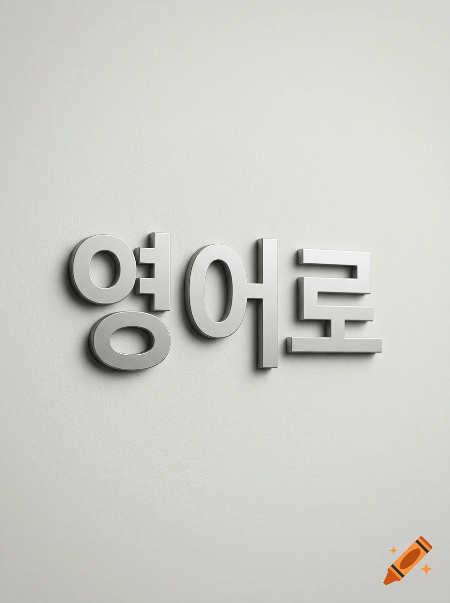 3D metallic Korean text reading '영어로' mounted on a plain white wall, casting a soft shadow.