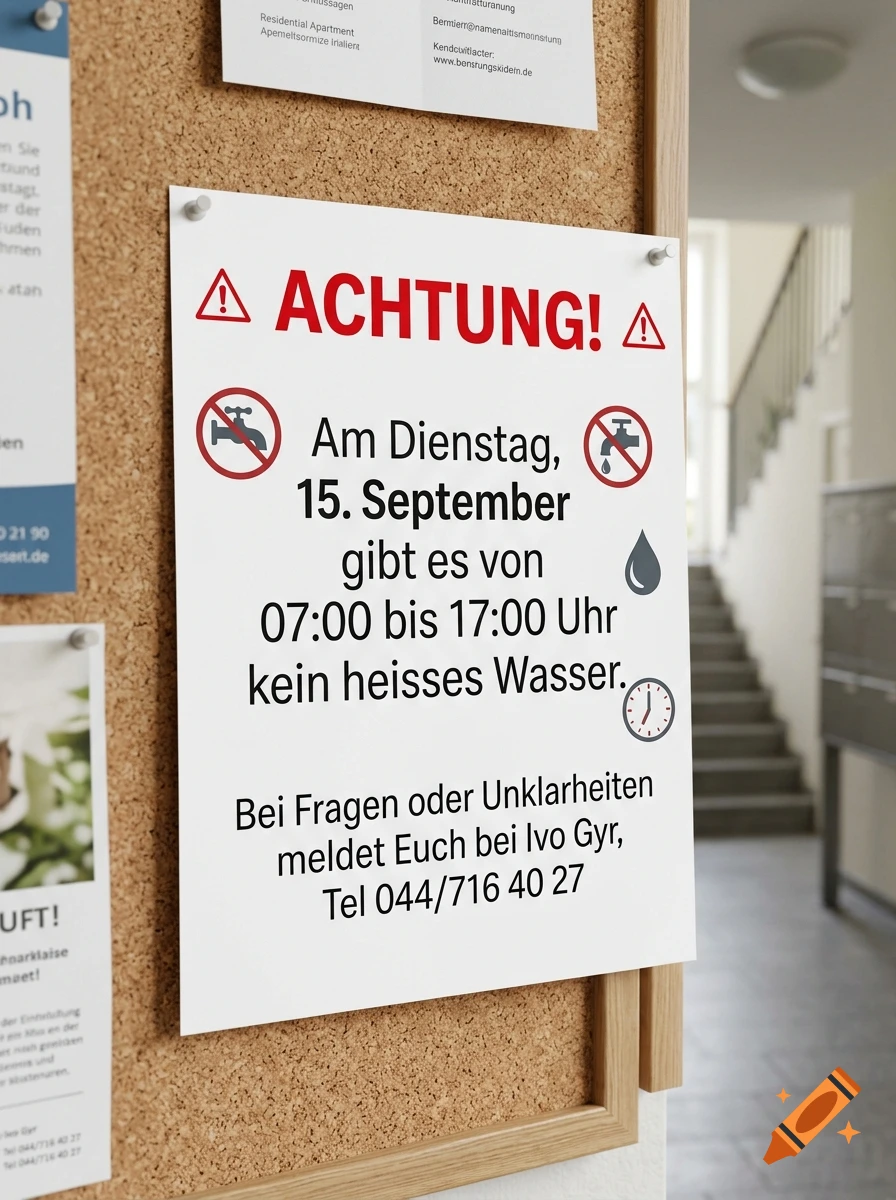 A close-up photograph of a notice posted on a cork board in a hallway, announcing a hot water shutoff.