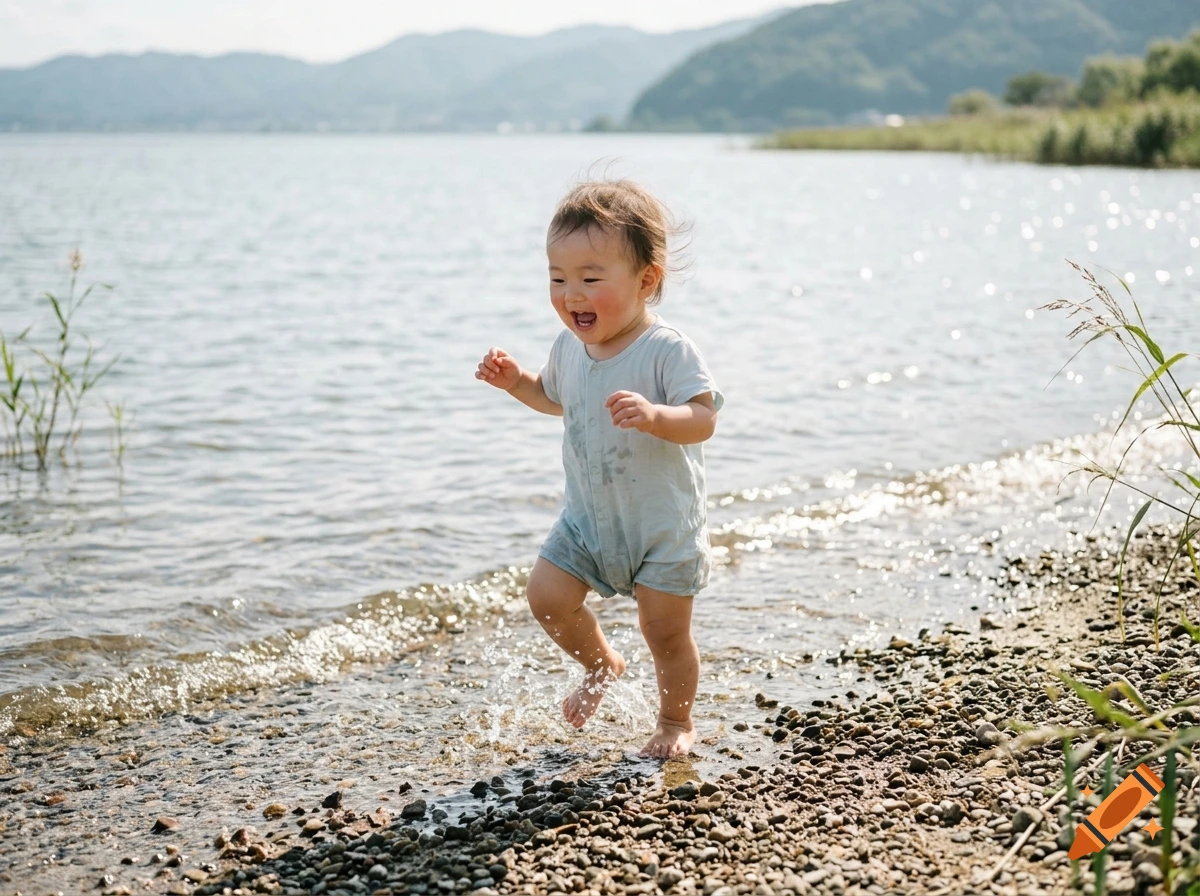 Photorealistic image of a toddler happily running through the shallows of Lake Biwa, splashing water, with distant mountains in the background.