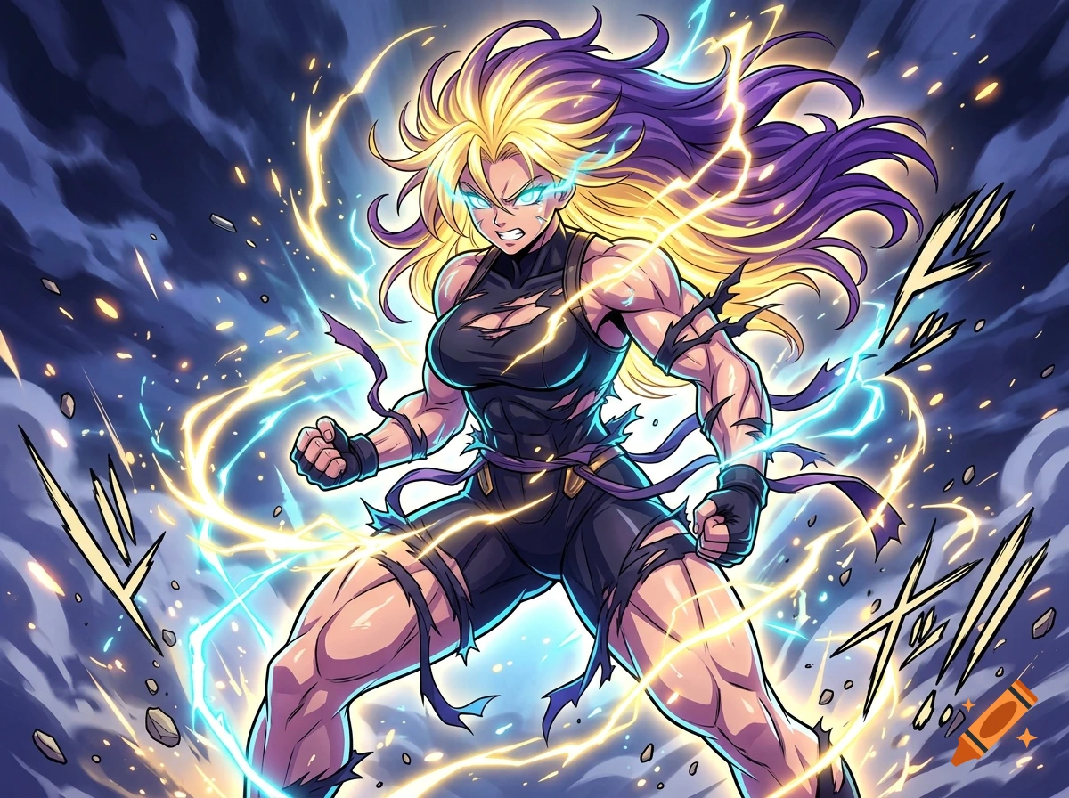 Anime style illustration of a muscular female character with glowing yellow and purple hair, surrounded by electric lightning.