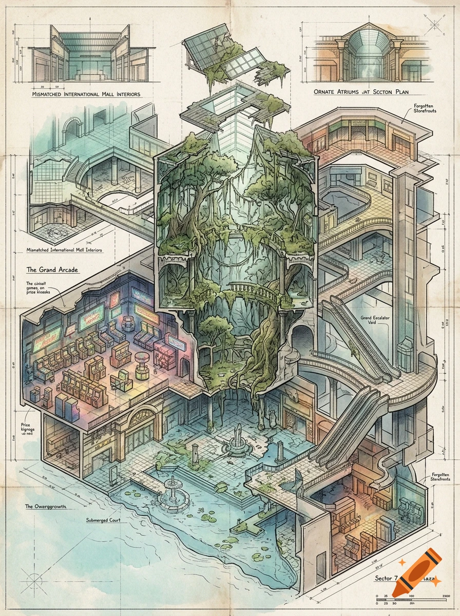 Architectural cross-section blueprint of a massive fantasy mall with an overgrown central atrium and arcade, in a detailed illustration style.