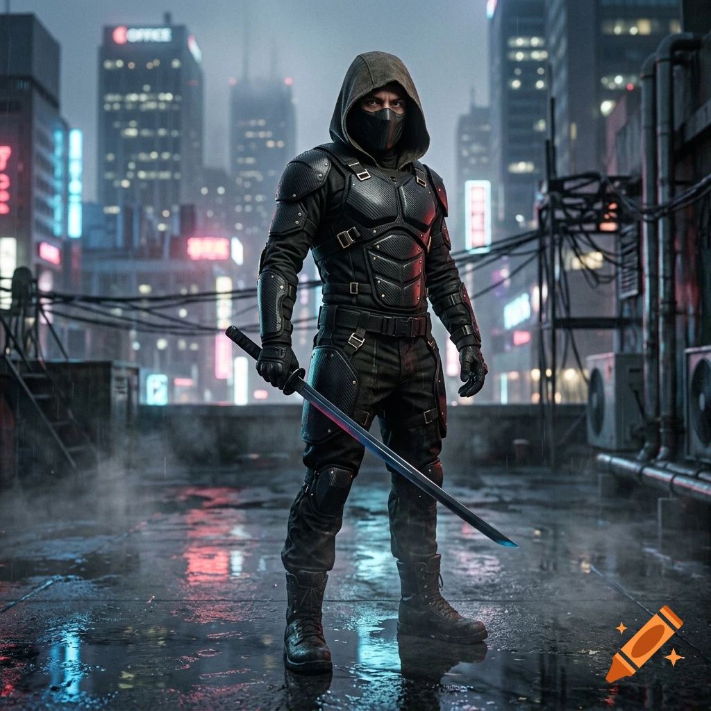Photorealistic image of a masked warrior in black tactical gear and a hooded cloak, holding a sword on a wet rooftop in a futuristic city.