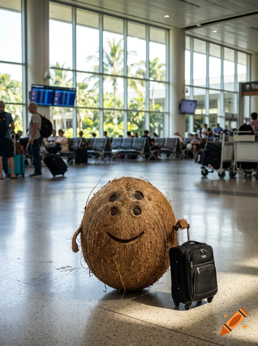 Photorealistic image of a large coconut with a smiling carved face and four eyes holding a small black suitcase in an airport terminal.