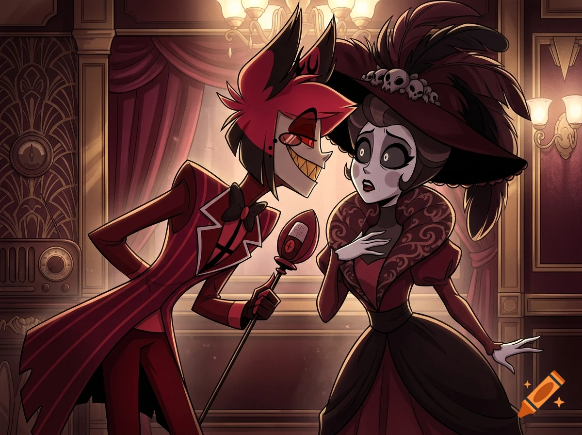 Alastor from Hazbin Hotel whispering to a surprised Rosie in a vintage parlor room, digital art style.