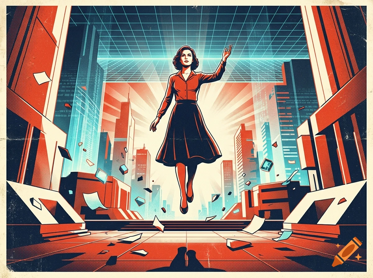 Propaganda style illustration of a woman floating in a futuristic cityscape with a grid sky, depicted in red, blue, and cream tones.