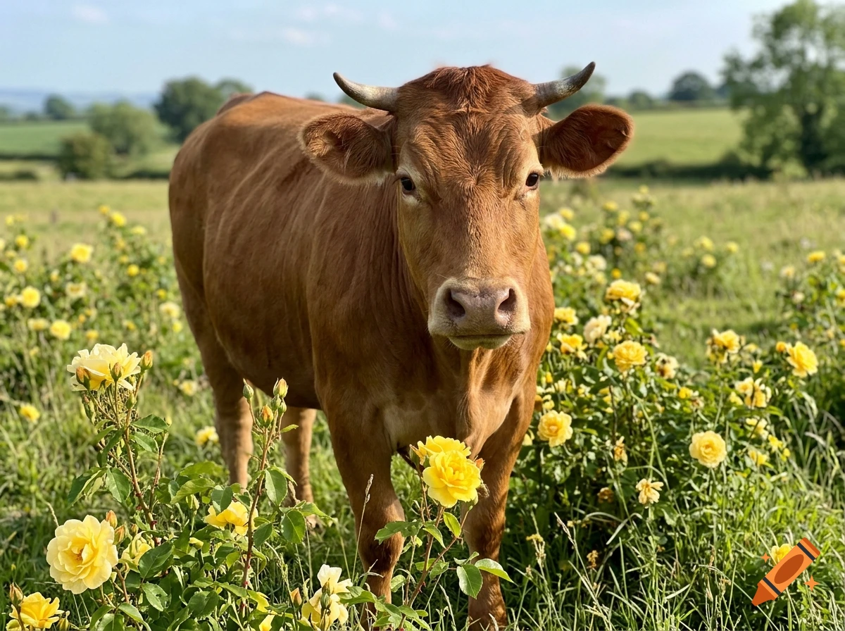 Photorealistic image of a cute brown cow standing in a field full of yellow roses under a clear sky.