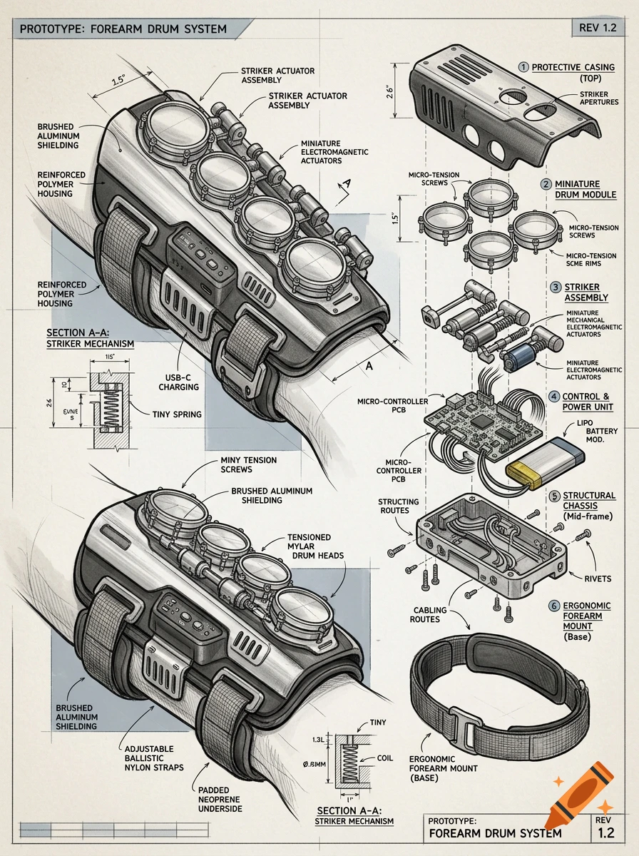 Detailed technical blueprint sketch of a futuristic forearm drum system with labeled components and assembly views.