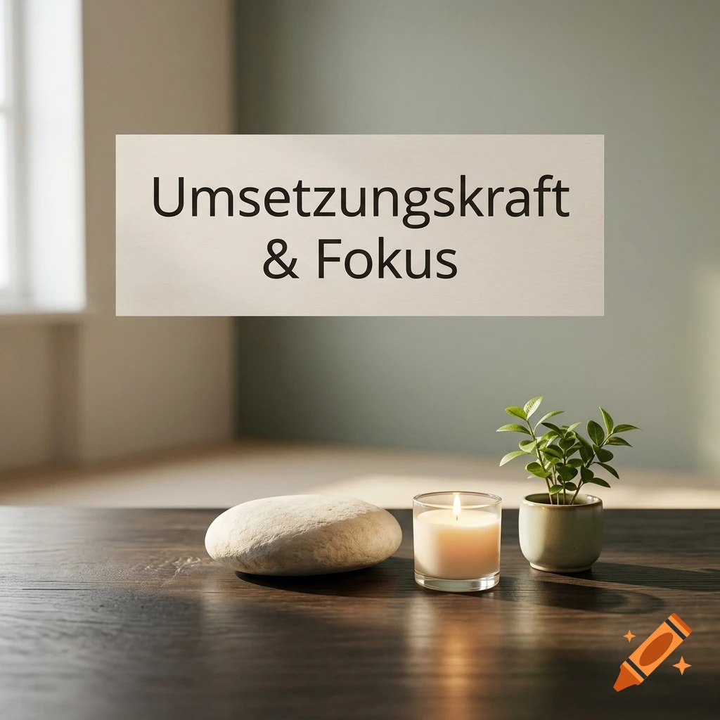 Photorealistic image of a wooden table with a lit candle, a smooth stone, and a small potted plant, with German text overlay.