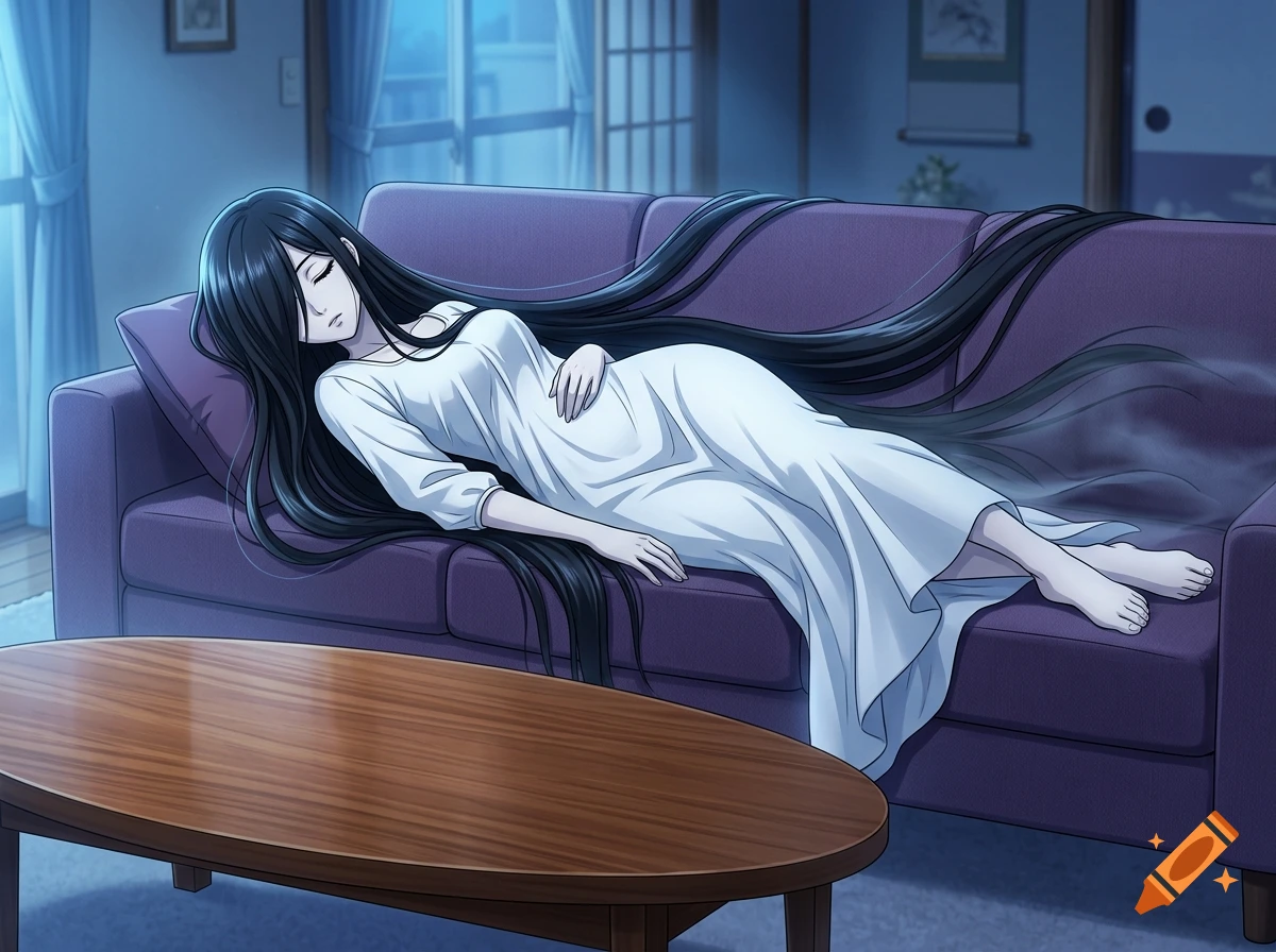 An anime-style illustration of a long-haired Japanese ghost woman in a white nightdress sleeping on a purple couch.
