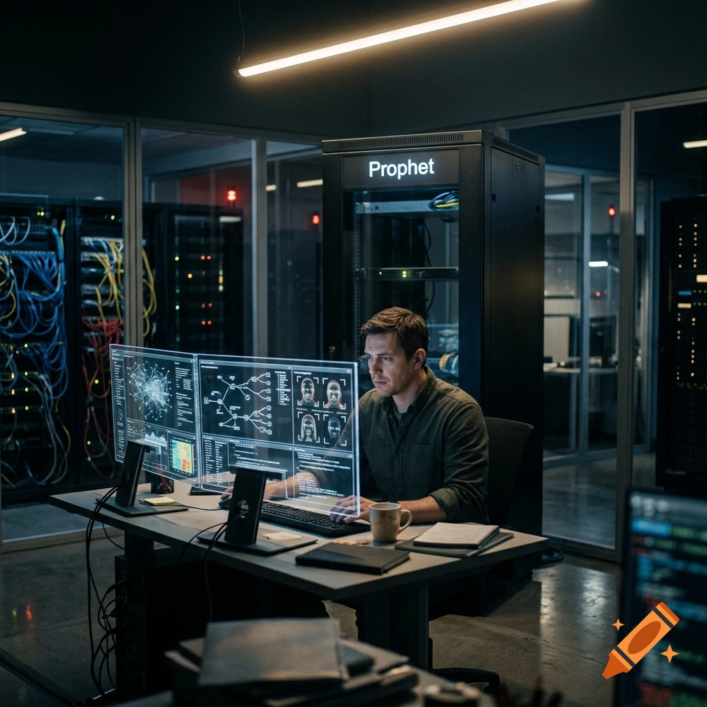 Photorealistic image of a man sitting at a desk with translucent holographic screens in a datacenter, a server rack labeled Prophet in the background.
