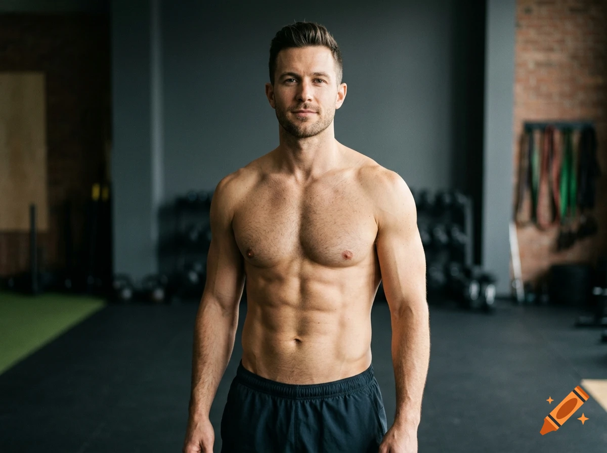 Photorealistic portrait of a shirtless man with defined abs standing in a modern gym.