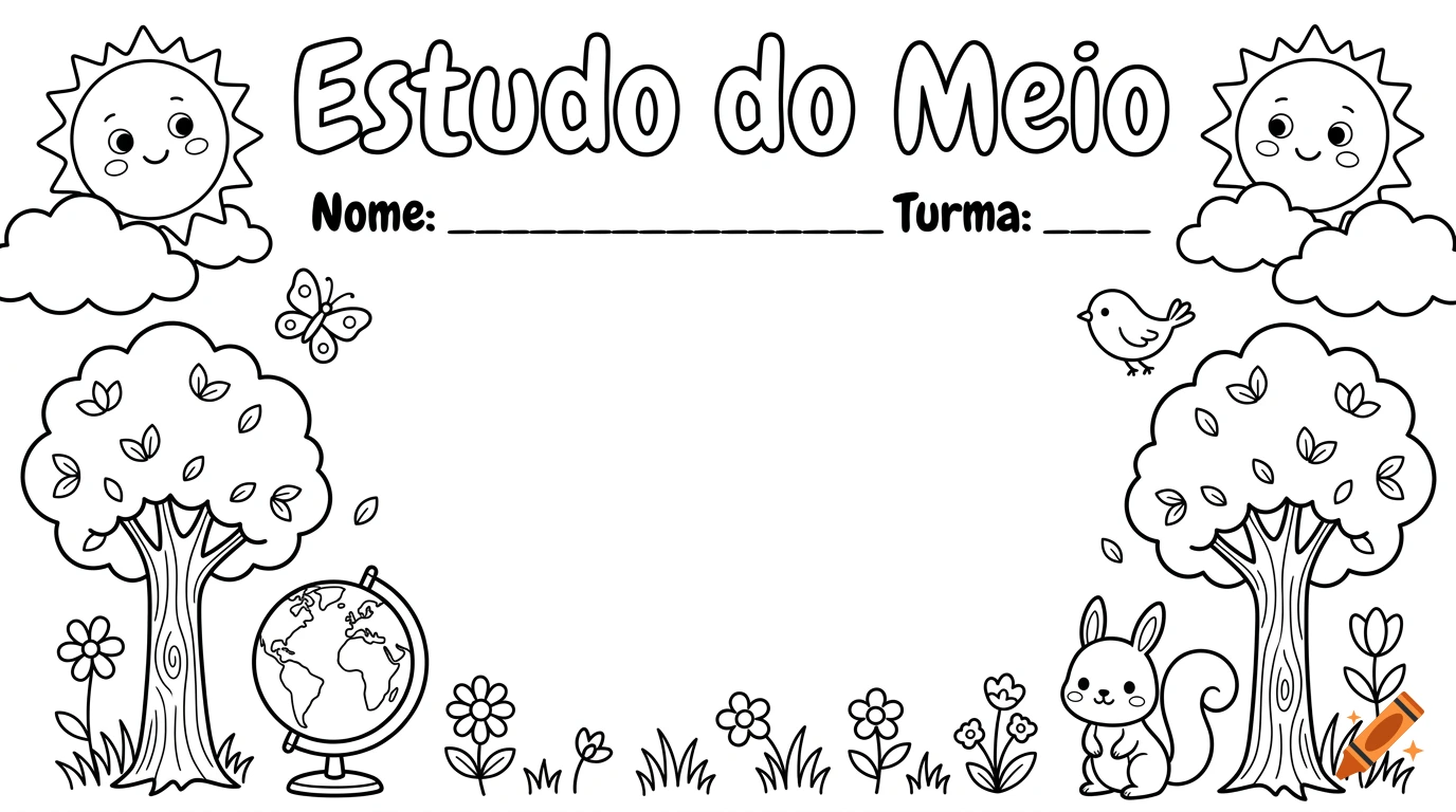 Black and white coloring page with the text Estudo do Meio, trees, animals, and suns.