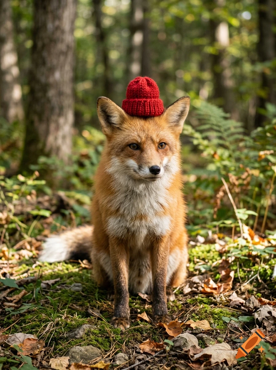 Photorealistic red fox sitting in a forest wearing a small red knit hat on its head.