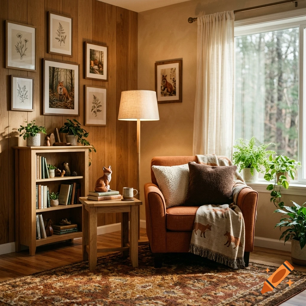 Cozy living room interior with warm wood paneling, an orange armchair with a fox-patterned throw blanket, bookshelf, and plants.