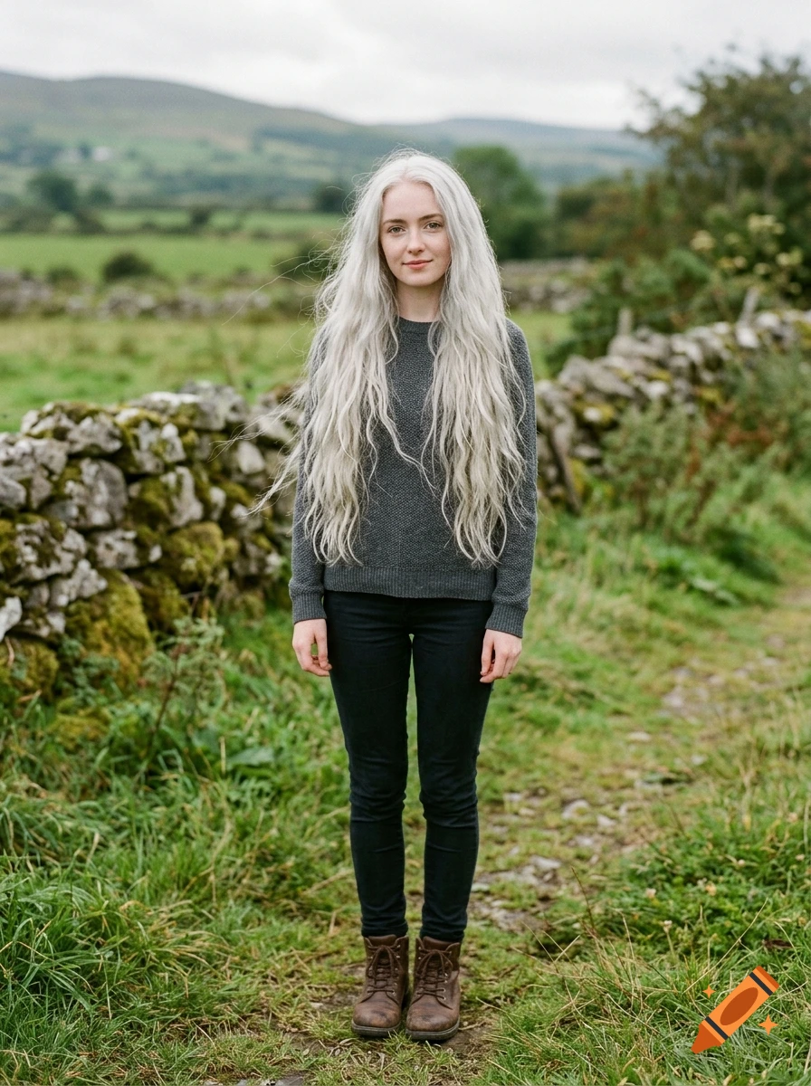 Full-body portrait of a young woman with very long silver hair and a dark sweater standing on a rural path with a stone wall.