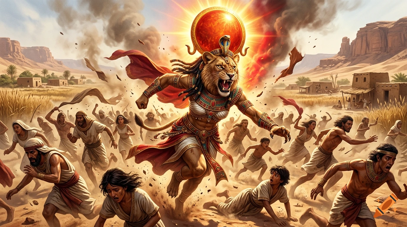 Cinematic illustration of Sekhmet, a lion-headed goddess, attacking fleeing humans in an ancient Egyptian desert setting.