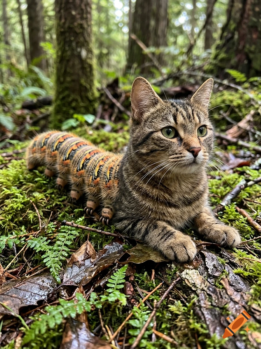 Photorealistic image of a tabby cat with a caterpillar body resting on moss and leaves in a forest.
