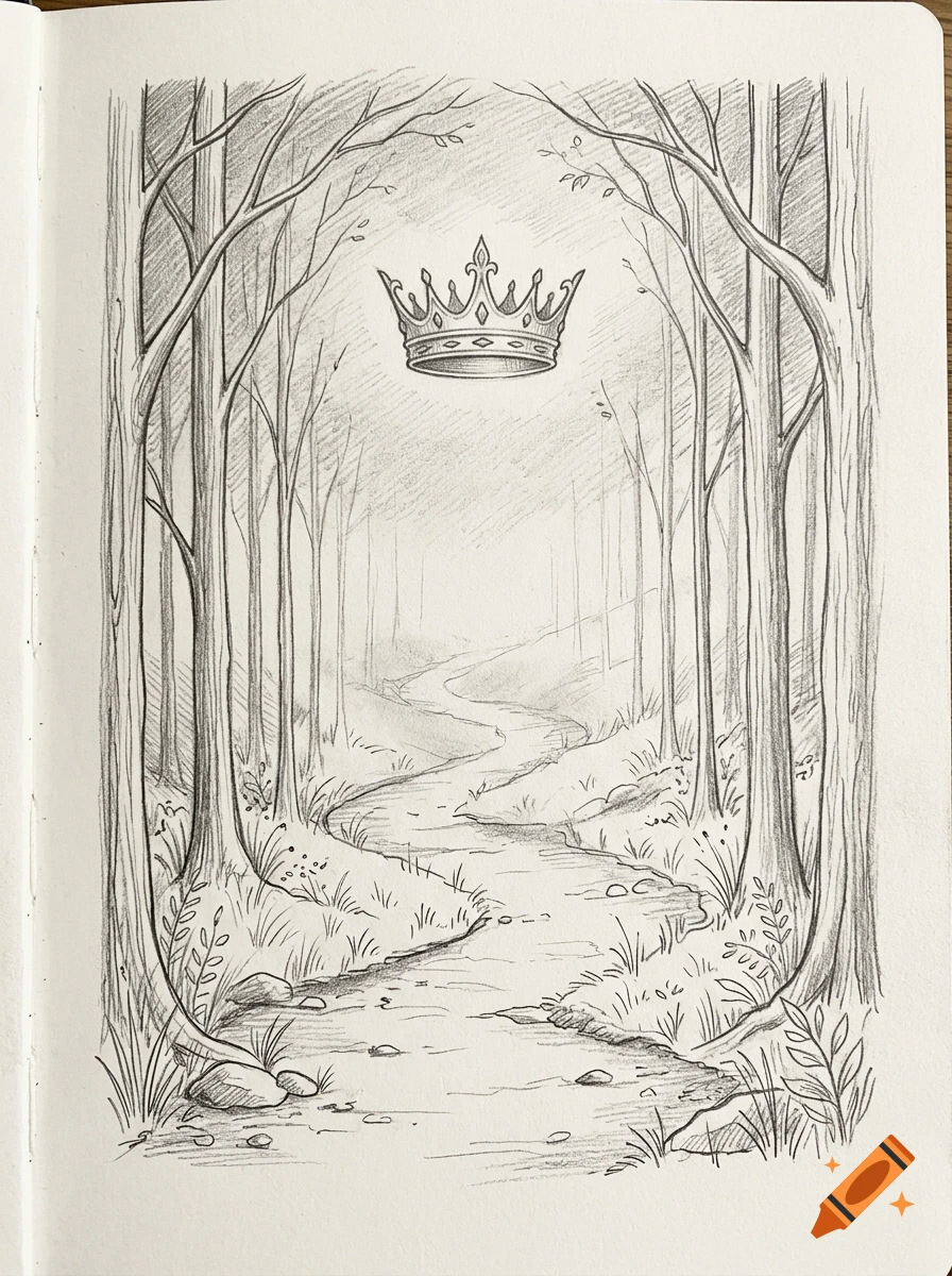 Pencil sketch of a forest path leading towards a crown floating in the distance.