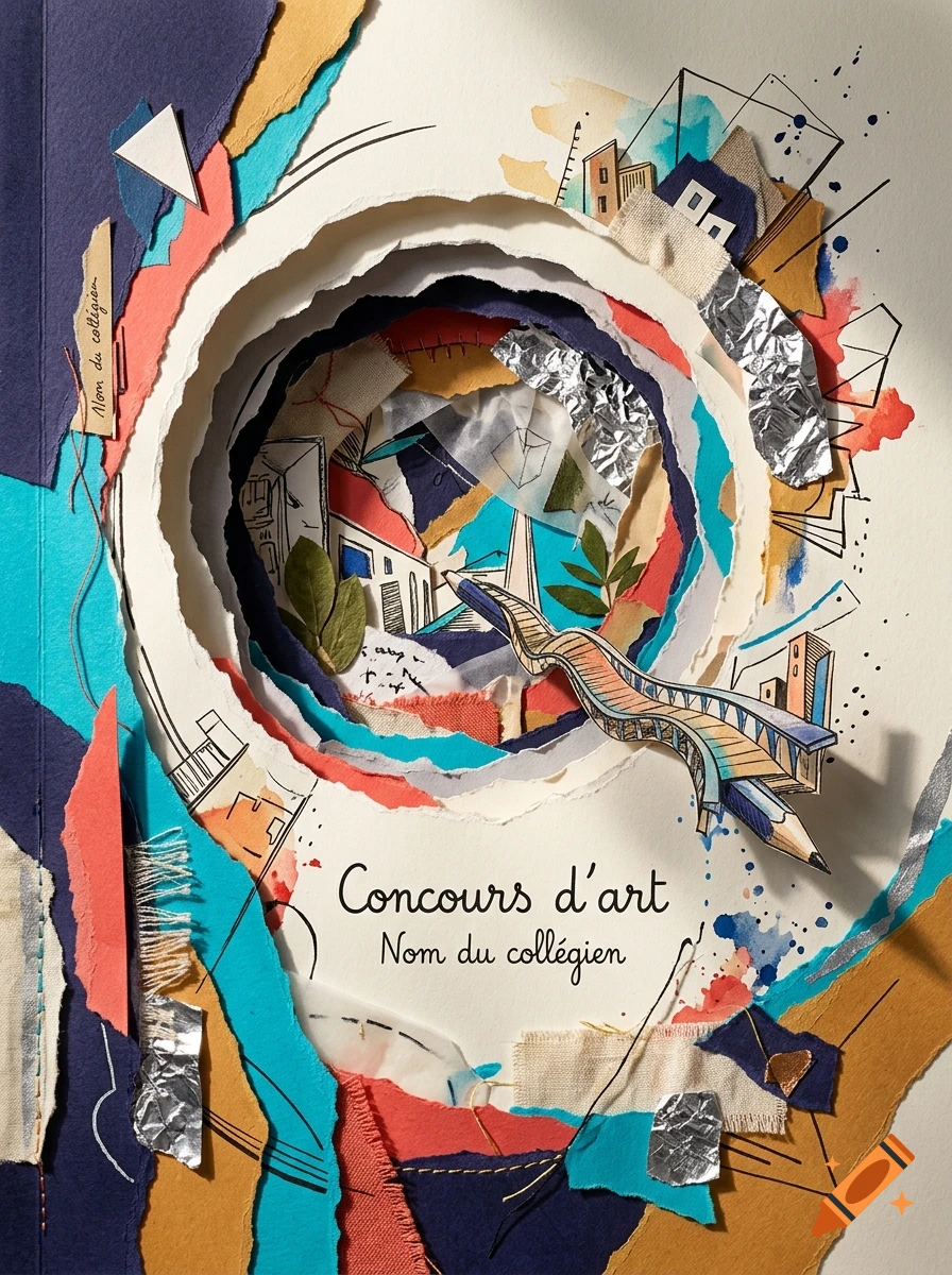 Mixed media art project with torn paper layers, drawings, and foil creating a central tunnel perspective with French text.