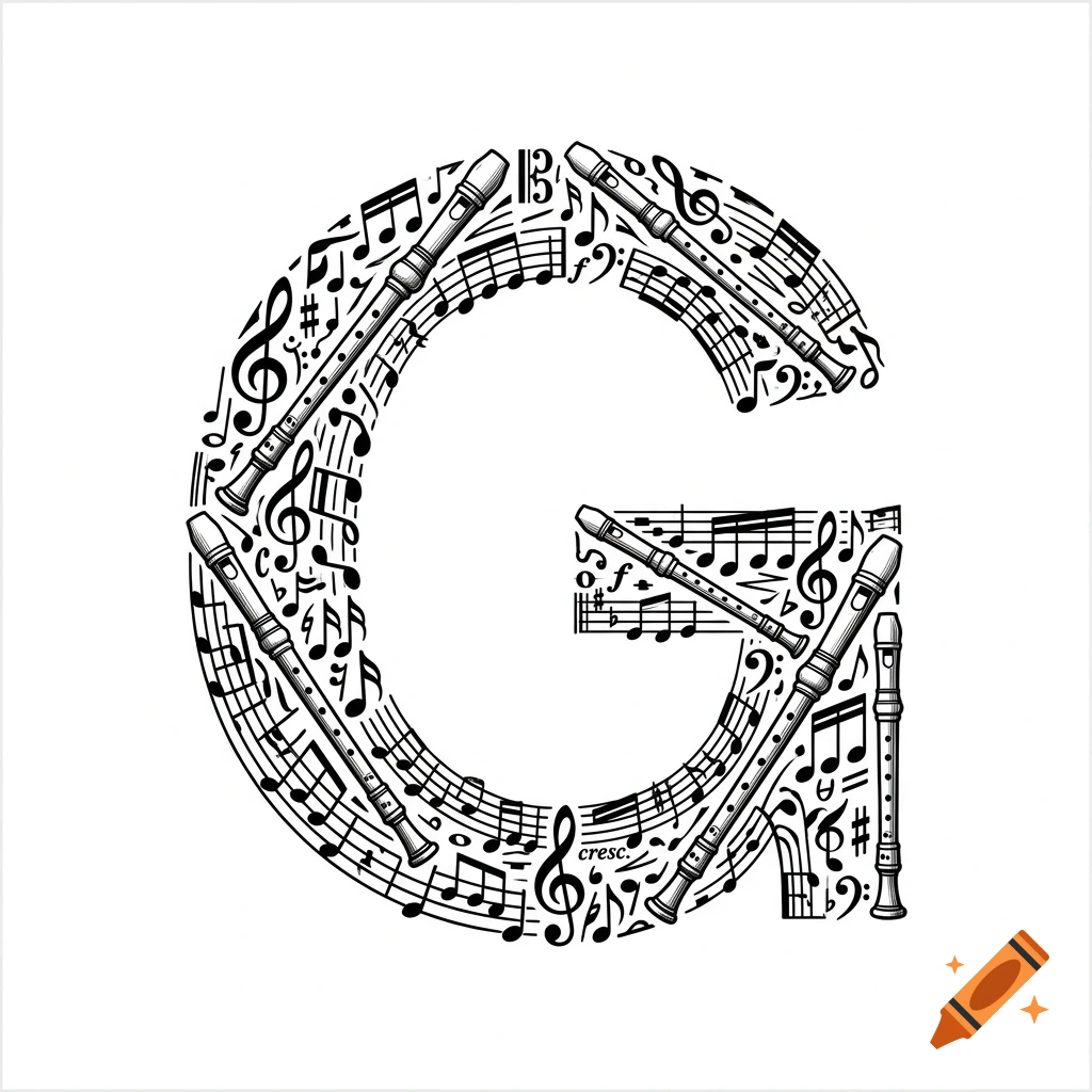 Black and white vector illustration of the letter G formed from musical symbols and recorders on a white background.