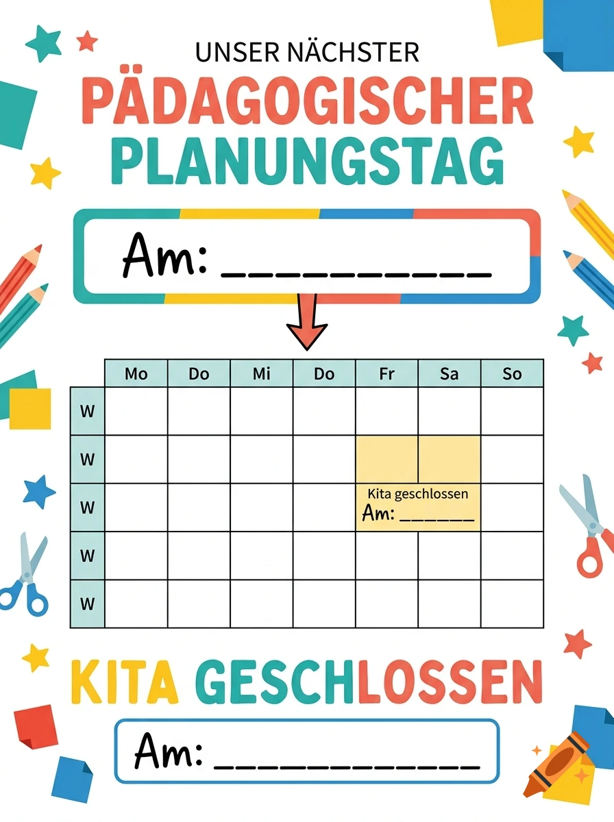 A daycare closure notice poster in German with a weekly calendar template, colorful stars, and school supplies illustrations.