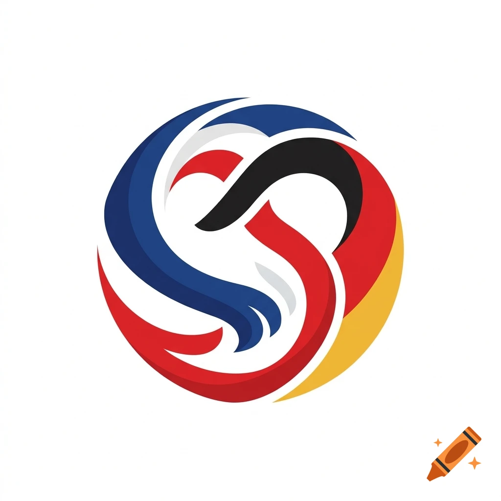 A circular abstract logo featuring interwoven ribbon shapes in blue, red, black, and yellow colors on a white background.