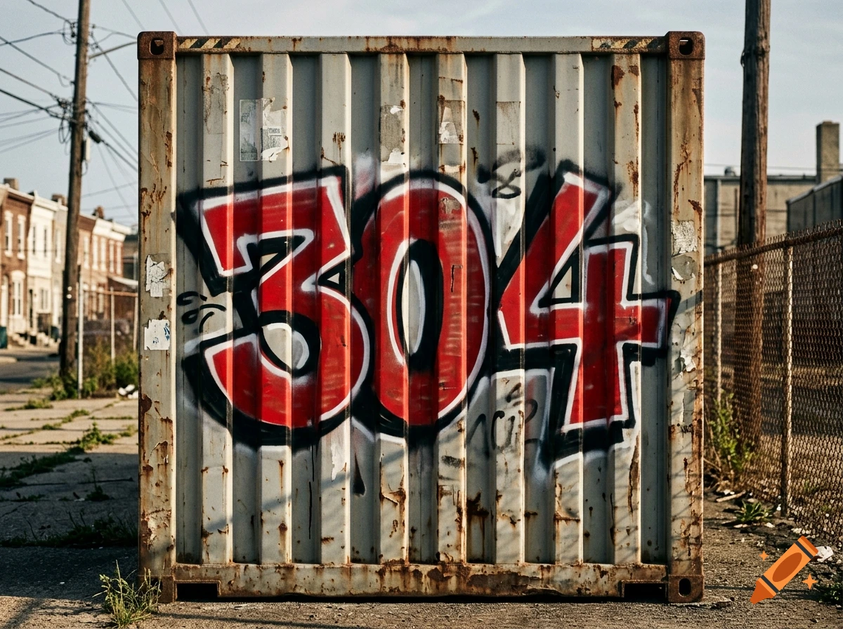 Photorealistic image of a rusted shipping container with a large red, white, and black graffiti tag reading 304 in an urban alley.