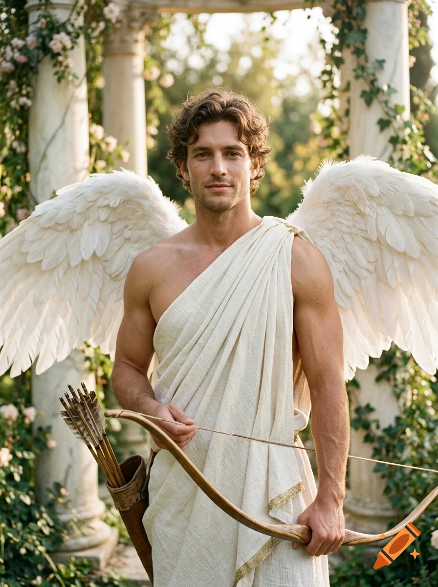 Photorealistic portrait of a young male angel with large white feathered wings, holding a bow and arrow, standing in a garden.