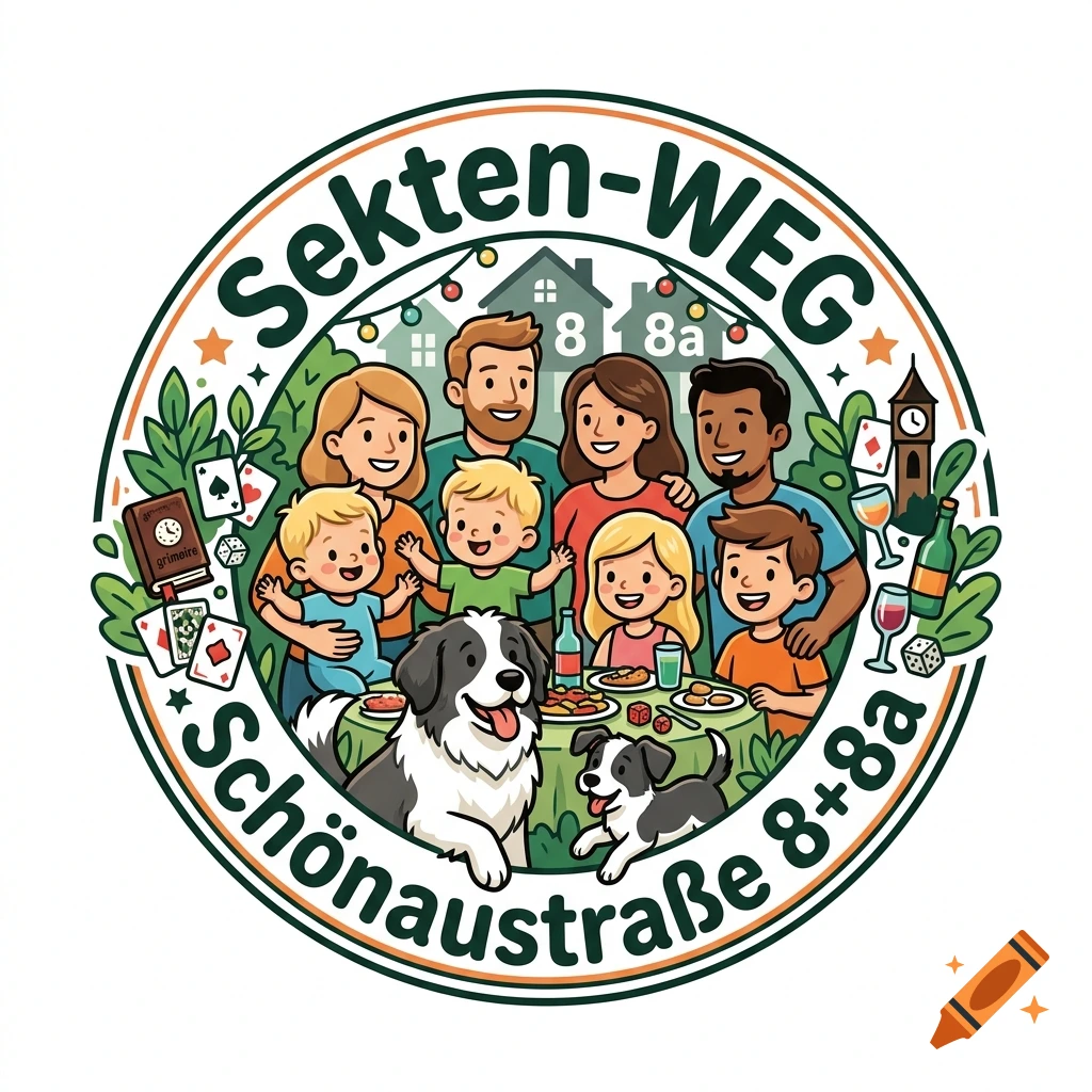 Circular logo illustration of a community with adults, children, and dogs surrounded by text and garden elements.