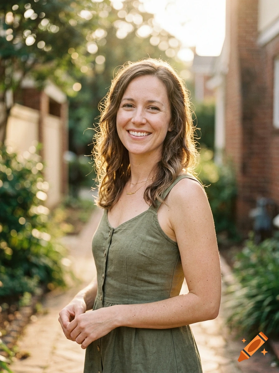 Photorealistic portrait of a smiling woman outdoors in a garden setting, wearing a green sleeveless dress.