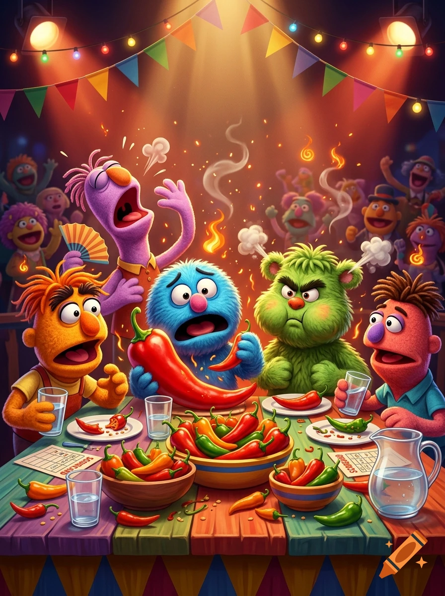 Colorful cartoon muppets participating in a hot pepper eating contest at a table filled with bowls of chili peppers, digital art.