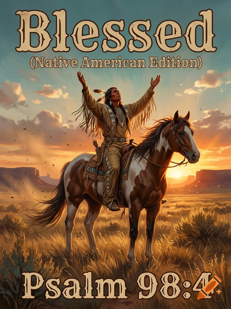 A Native American person riding a pinto horse in a desert landscape at sunset, with arms raised and the text 'Blessed' and 'Psalm 98:4'.