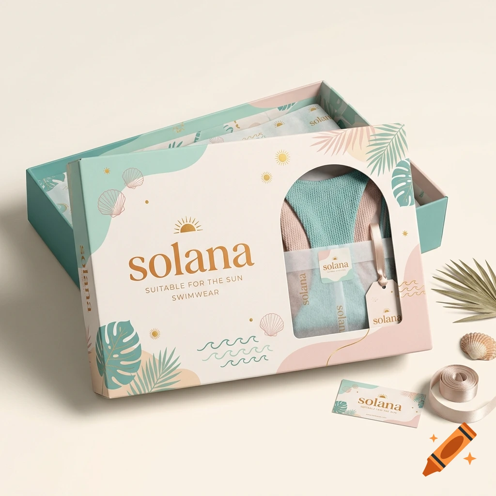 Product packaging box for Solana swimwear in pastel teal and pink with tropical leaf illustrations.