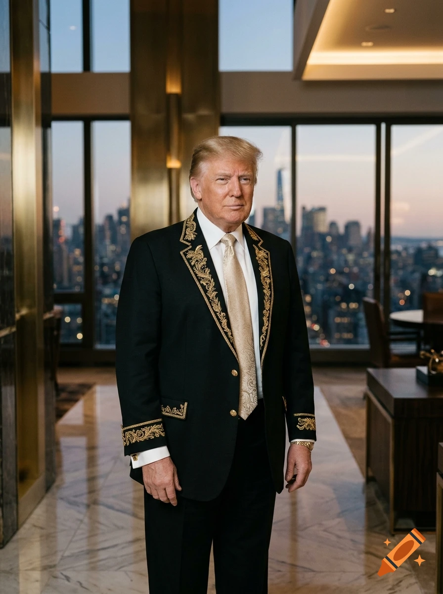 Photorealistic portrait of Donald Trump standing in a luxury interior with a city skyline in the background, wearing a black suit with ornate gold embroidery.