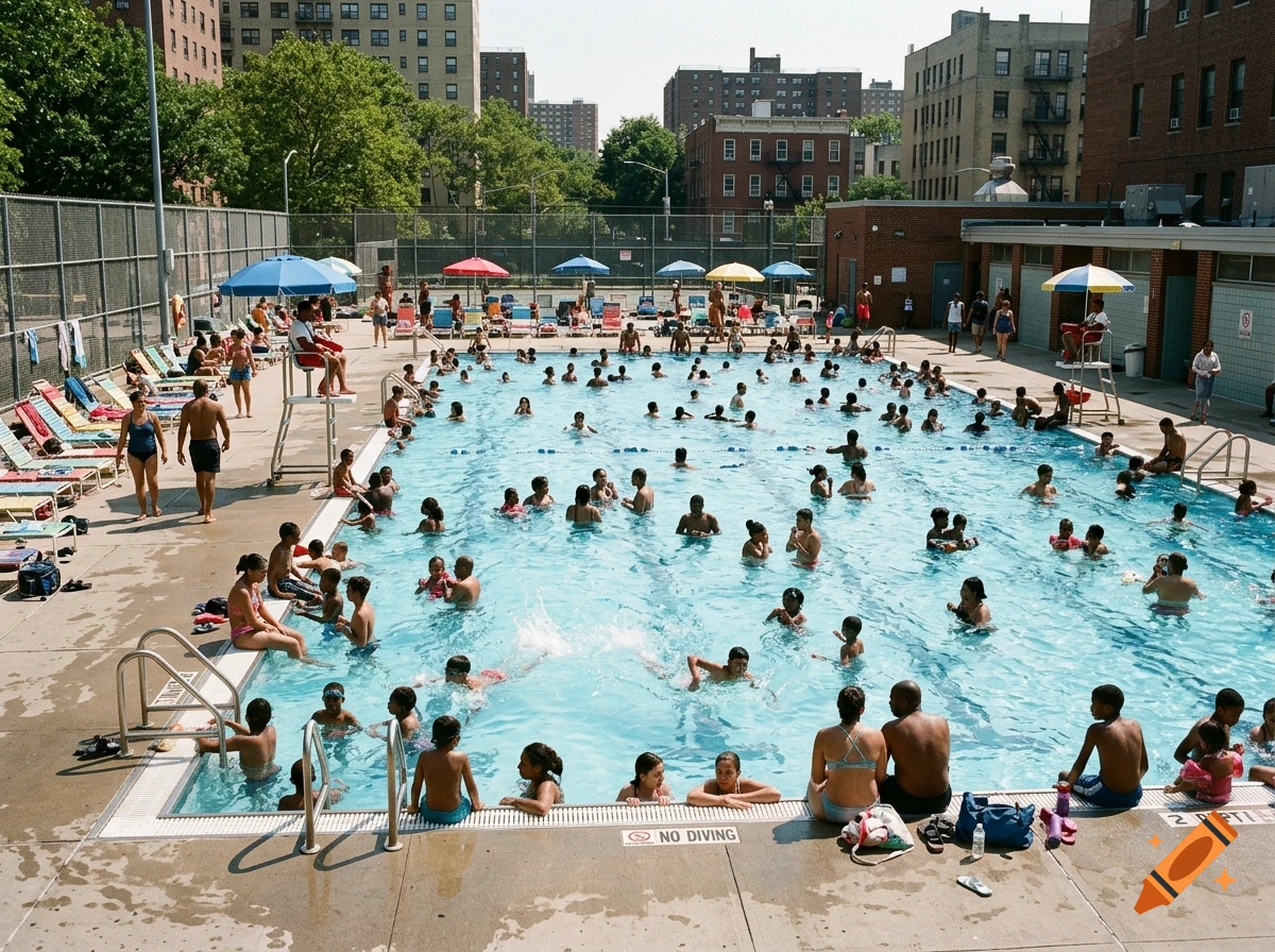Crowded public outdoor swimming pool on a sunny day with many people swimming and relaxing.