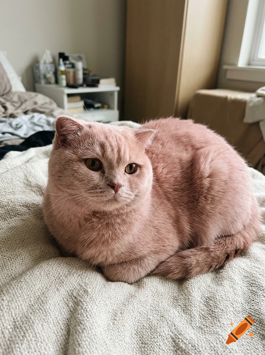 Photorealistic image of a fluffy pink cat loafing on a white blanket in a bedroom.