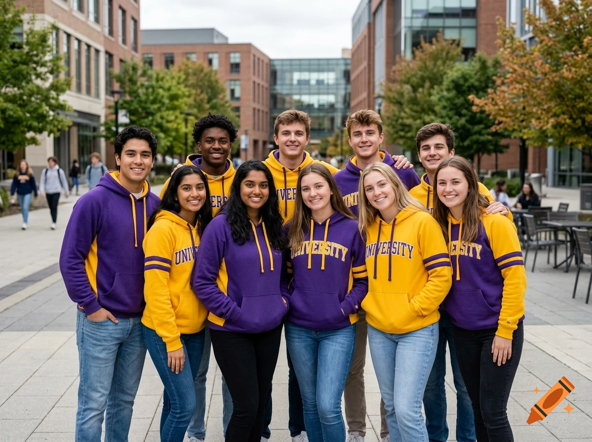 Photorealistic group photo of eight smiling university students wearing matching purple and yellow hoodies outdoors on a campus walkway.