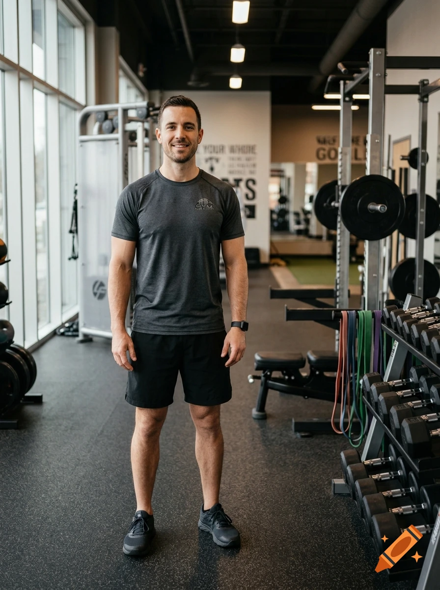A photorealistic image of a male personal trainer smiling inside a gym with equipment.