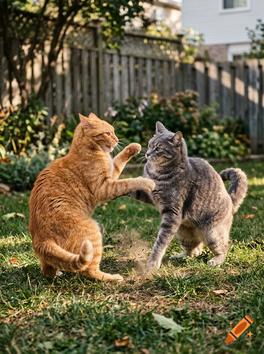 Photorealistic image of an orange cat and a gray tabby cat batting at each other in a grassy backyard.
