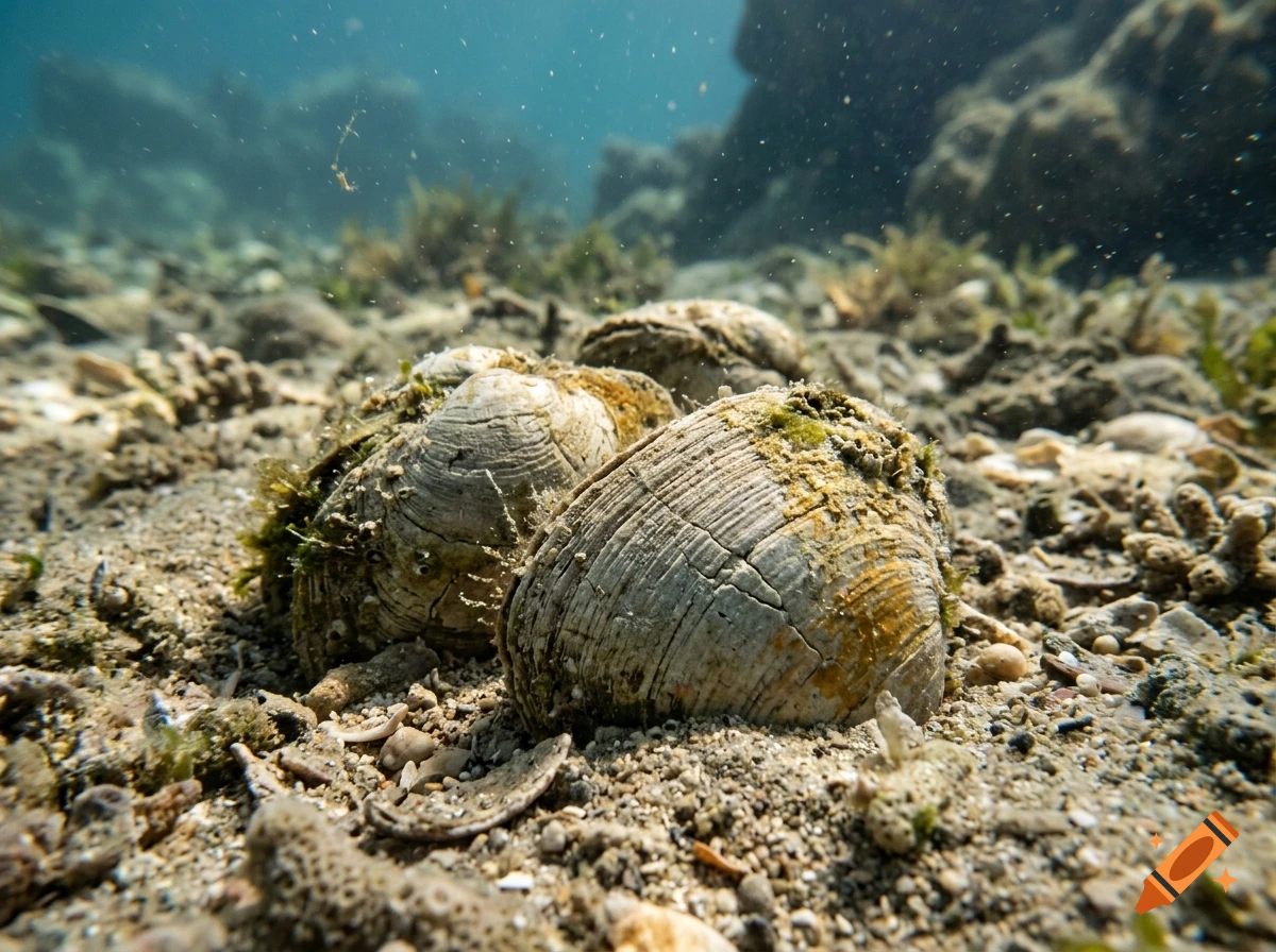 Close-up underwater photo of fossilized clams resting on a sandy seafloor.