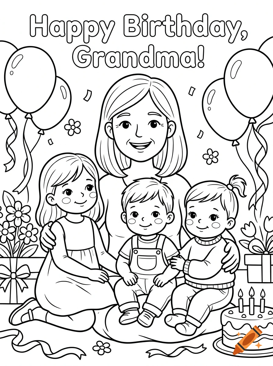 Black and white coloring page of a grandmother and three grandchildren celebrating a birthday with balloons and cake.