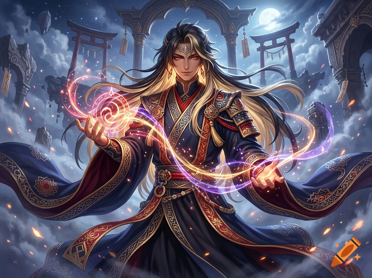 Digital fantasy art of a handsome young man with long black and blonde hair and red eyes holding swirling magical energy, set against a night sky with floating ruins.
