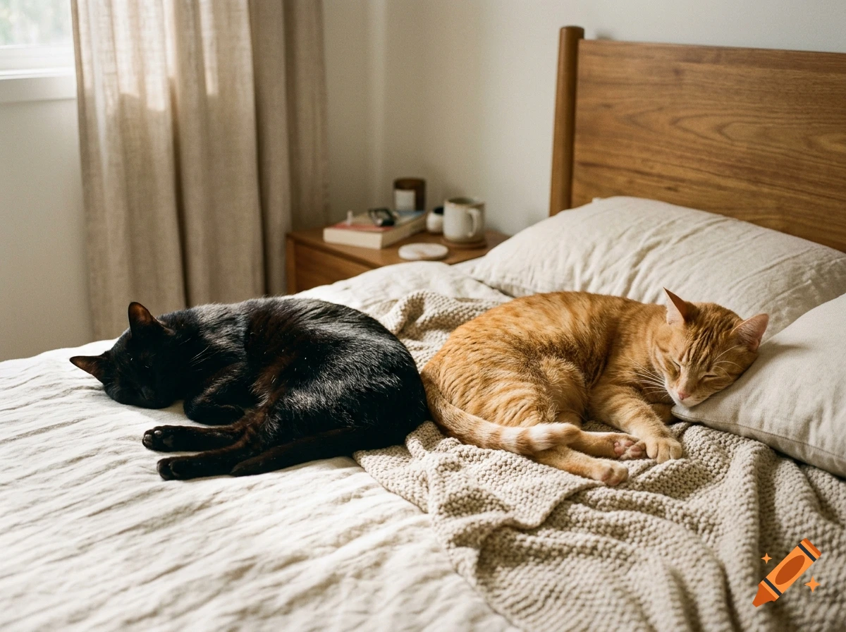 Photorealistic image of a black cat and an orange tabby cat sleeping peacefully on a bed with a knit blanket.
