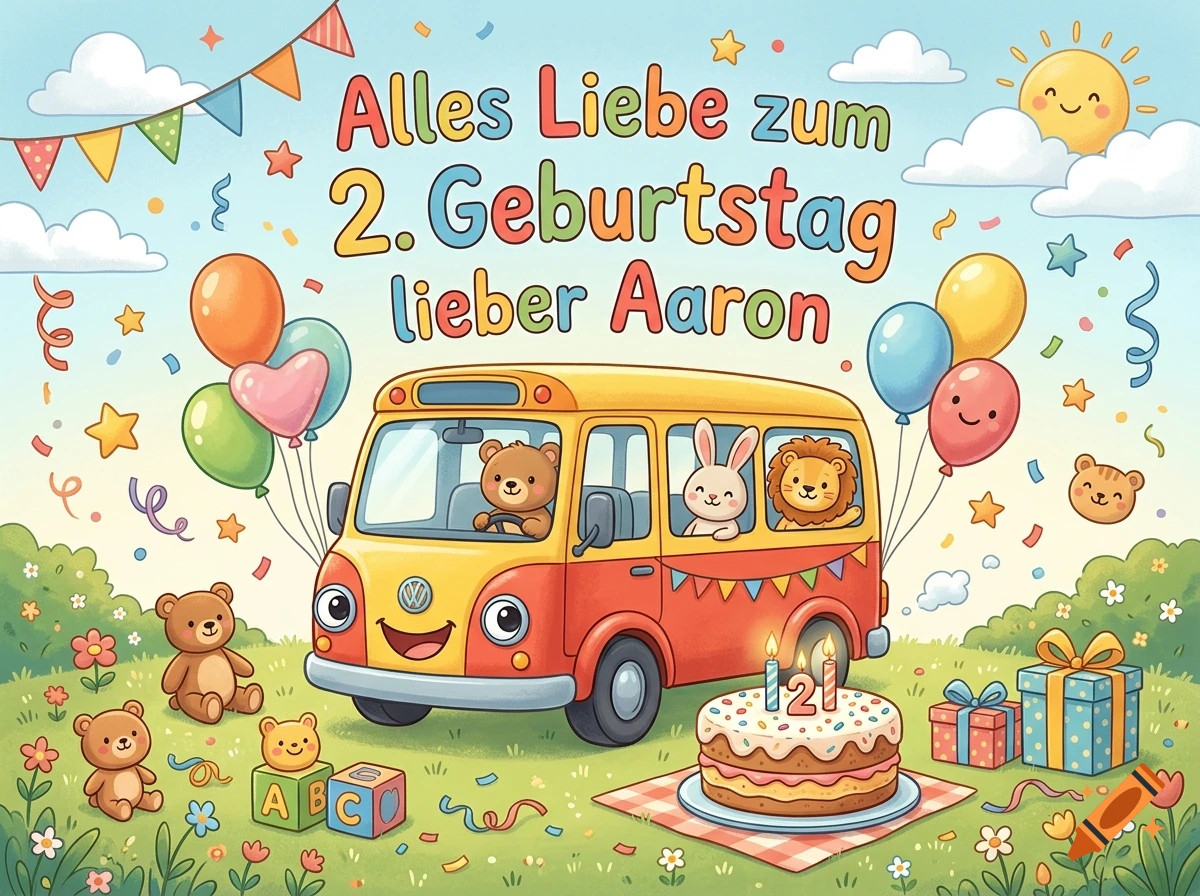 Colorful children's birthday card illustration with a smiling cartoon bus, animals, balloons, and a cake.