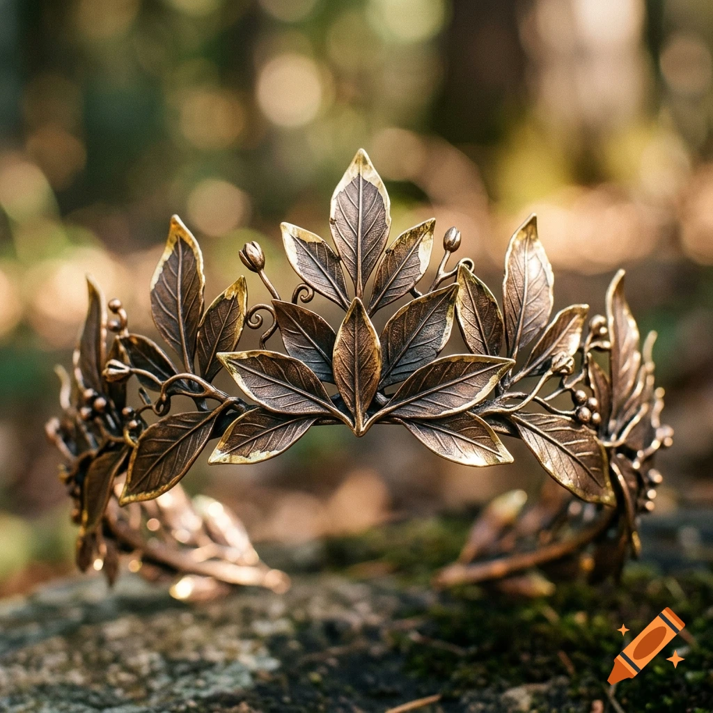 Photorealistic close-up of a bronze and gold leaf crown resting on a mossy surface in a forest.