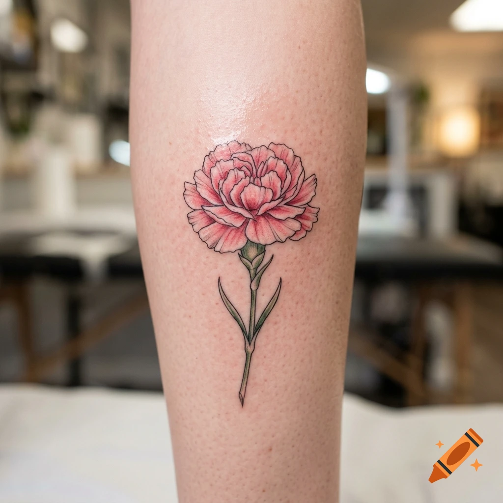 Close-up photograph of a pink carnation tattoo with a green stem on a person's skin.