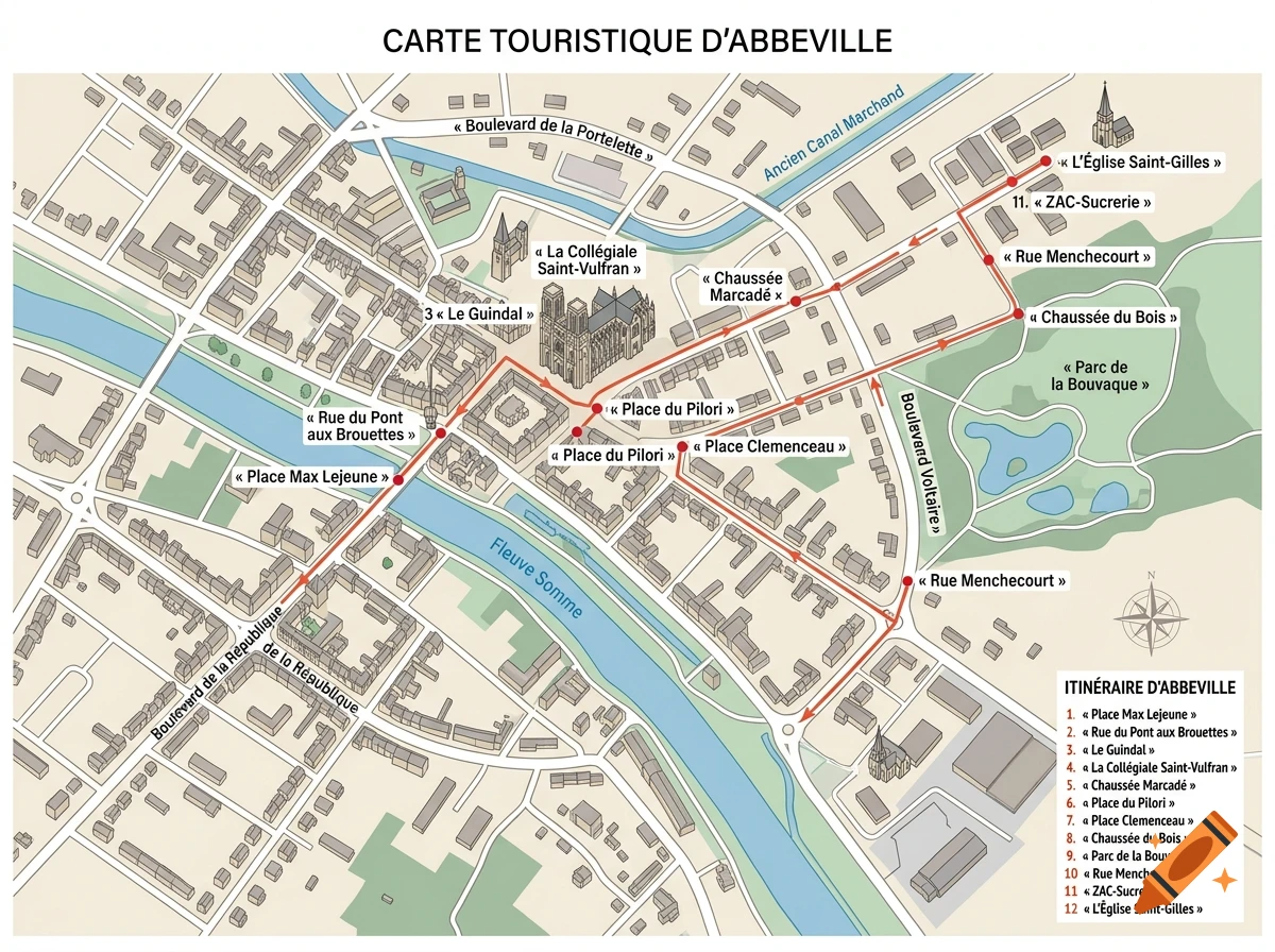 Detailed tourist map of Abbeville in French showing a highlighted red itinerary route, landmarks, and street names.