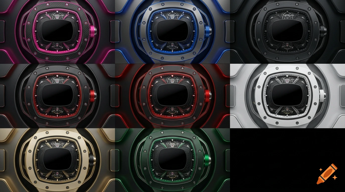 A collage showing eight luxury watches in different color schemes, featuring complex mechanical dials and metallic bezels.