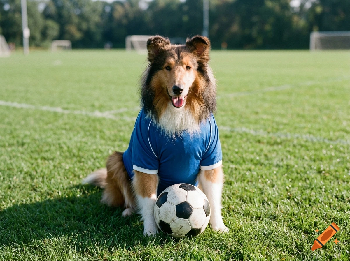 Photorealistic image of a collie wearing a blue soccer jersey sitting on a green field next to a soccer ball.
